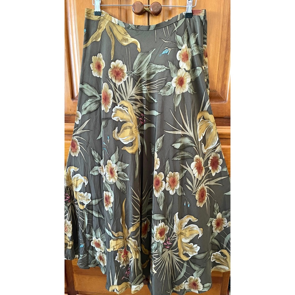 Jones New York Maxi Skirt 100% Silk Olive Green Floral Botanical Orchid Size 12